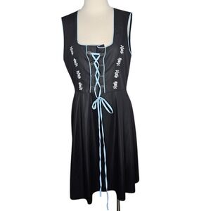 Jasambac Womens Black Blue Floral Embroidered‎ Dirndl Oktoberfest Dress NEW